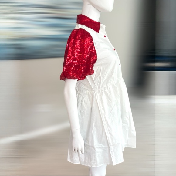 PEACH LOVE CALIFORNIA red sequin puff sleeve Love You dress S M L - Picture 7 of 10